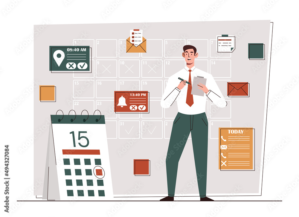 Poster businessman planning day. man in suit with notepad marks important dates, scheduling and setting goa