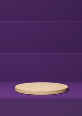 Dark purple, violet 3D rendering simple product display, minimal background with podium wooden cylinder stand on steps for nature products
