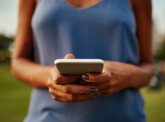 Shes just a text message away. Cropped shot of an unrecognizable woman using a smartphone while standing in a park during the day.