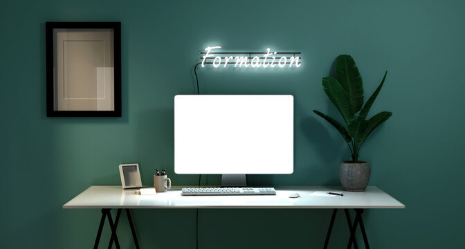 poste de travail avec mot formation en n&eacute;on - illustration 3D - Formation professionnelle en ligne