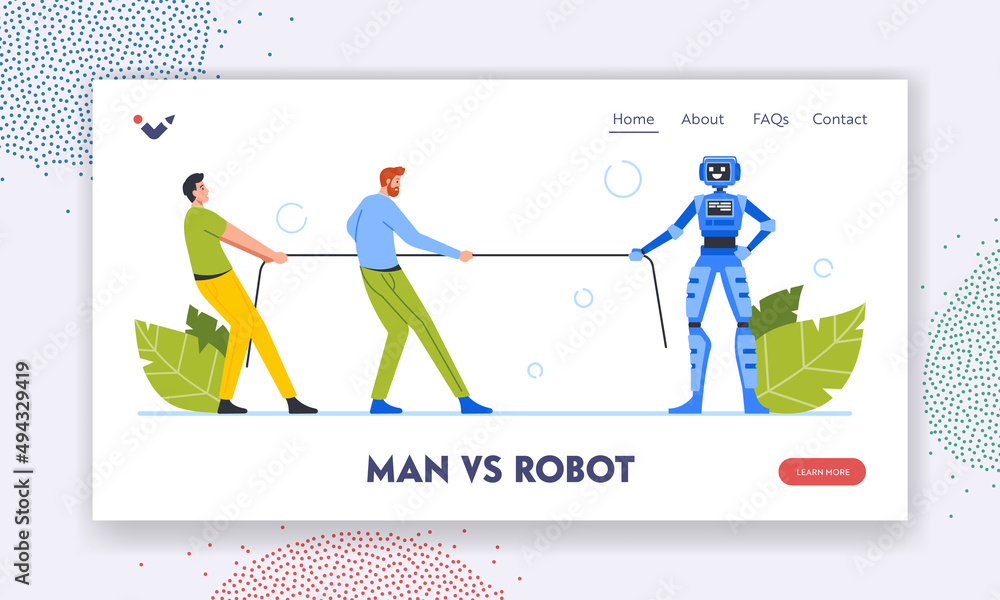 Aufkleber man vs robot landing page template. business characters fight against artificial intelligence. human