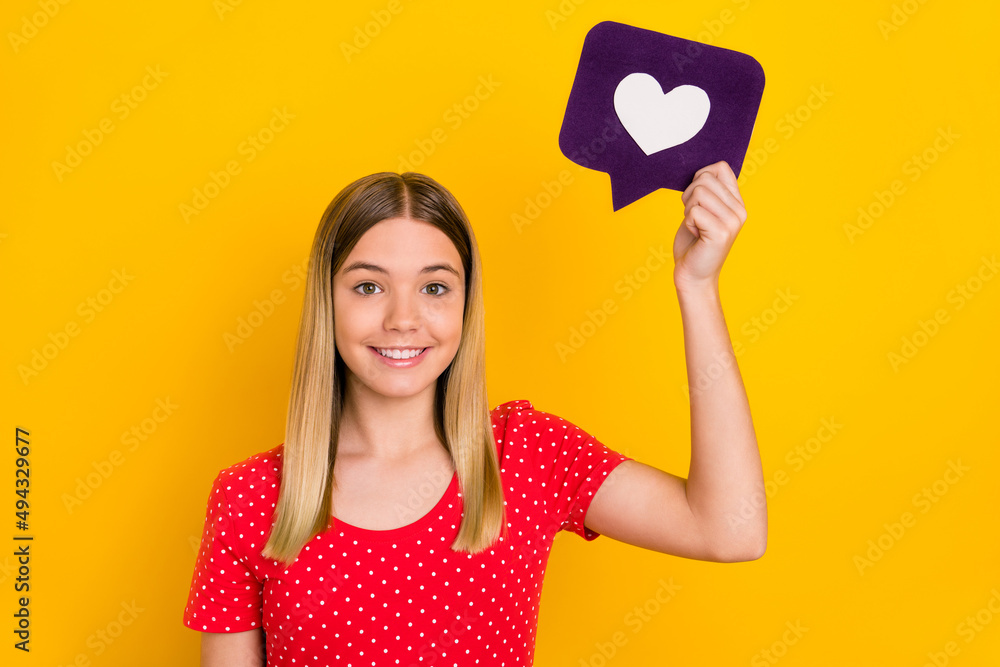 Canvas Prints photo of young girl share paper card share comment repost app button isolated over yellow color back