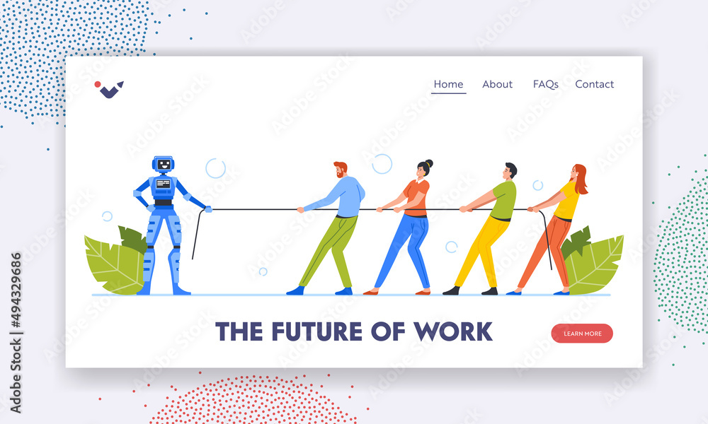 Poster the future of work landing page template. characters tear rope with artificial intelligence robot. w