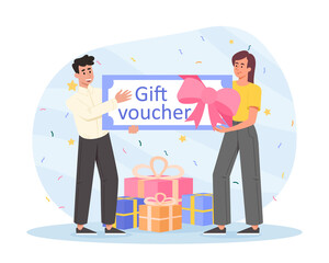 Gift voucher concept. Man and girl in front of box with gift. Special offer for regular customers. Benefit and discount. Advertising banner or poster for site. Cartoon flat vector illustration