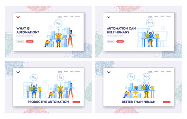 Fototapeta na wymiar Productive Automation Landing Page Template Set. Intelligent System vs Manual Labor. Office Characters Compete with Ai