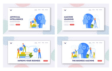 Obraz na płótnie Canvas Machine Learning and Training Landing Page Template Set. Tiny Business Characters with Gears at Huge Cyborg Head