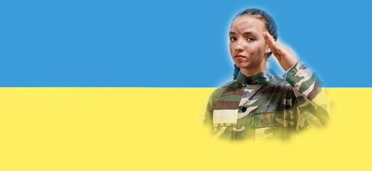 Ukrainian girl kid in military uniform with a dirty face, salutes. Child against war