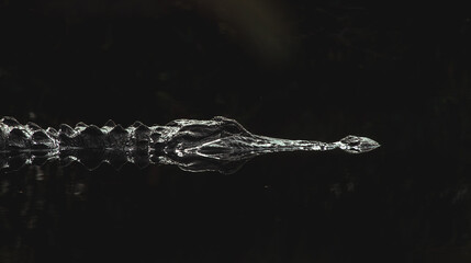 Closeup of an alligator in water at night