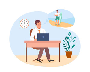 Dreaming about vacation. Man at computer thinks about beach. Tropical countries, travel and adventure. Manager or employee presents himself with board on sea. Cartoon flat vector illustration