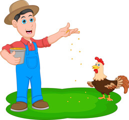 cartoon man feeding the rooster