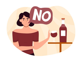 Woman avoiding alcohol. Character struggles with bad habits, taking care of his health and pregnancy. Motivational banner or poster for site, determined young girl. Cartoon flat vector illustration - obrazy, fototapety, plakaty