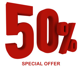 3d Illustration with text: 50% Special Offer. Discount for big sales. Red text color on a white background.