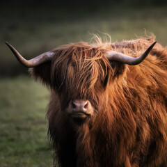 Closeup portrait shot of a long-haired brown bull with an angry look on its face, blurry background