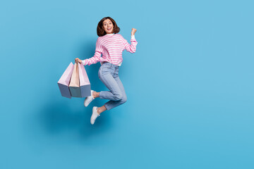 Full body photo of hooray millennial bob hairdo lady hold bags jump yell wear pullover jeans...