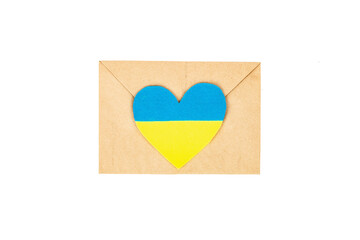 Envelope and heart in the colors of the Ukrainian flag. Stop the war concept isolated on white