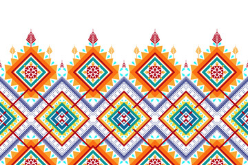 Ikat ethnic seamless pattern design. Aztec fabric carpet mandala ornament chevron textile decoration wallpaper. Boho tribal turkey African Indian traditional embroidery vector illustrations background