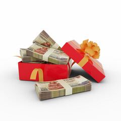 Stack of Egyptian pound notes inside an open red gift box. Bundles of Egyptian pounds inside a gift box. 3d rendering of money inside box isolated on white background - obrazy, fototapety, plakaty