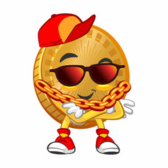 vector cartoon illustration of cute coin mascot being rapper with hip-hop stylish sunglasses and golden chain - obrazy, fototapety, plakaty