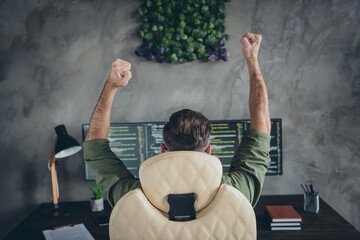 Back rear spine photo of lucky crazy web design expert writing code quality front end raise fists...