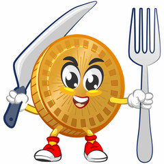 vector cartoon illustration of cute coin mascot with big knife and fork 