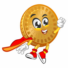 vector cartoon illustration of cute coin mascot being flying superhero