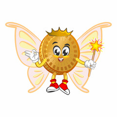 vector cartoon illustration of cute coin mascot being fairy with magic stick