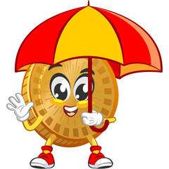 vector cartoon illustration of cute coin mascot with umbrella