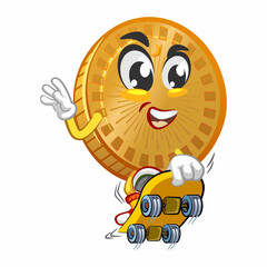 vector cartoon illustration of cute coin mascot jump with skateboard