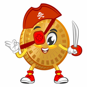 vector cartoon illustration of cute coin mascot being a one-eyed pirate carrying a dagger