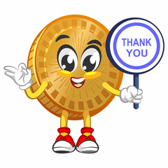 vector cartoon illustration of cute coin mascot with sigh board say thank you