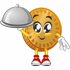 vector cartoon illustration of cute coin mascot being a restaurant waiter
