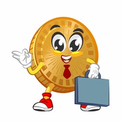 vector cartoon illustration of cute coin mascot being office worker with briefcase and red tie