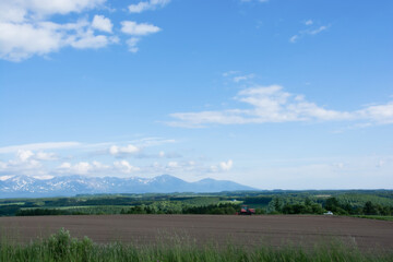 初夏農作業と山並み　十勝岳連峰