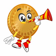 vector cartoon illustration of cute coin mascot blowing party trumpet