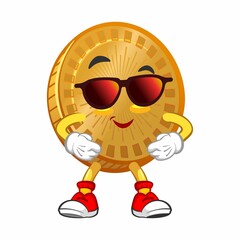 vector cartoon illustration of cute coin mascot wearing sunglasses