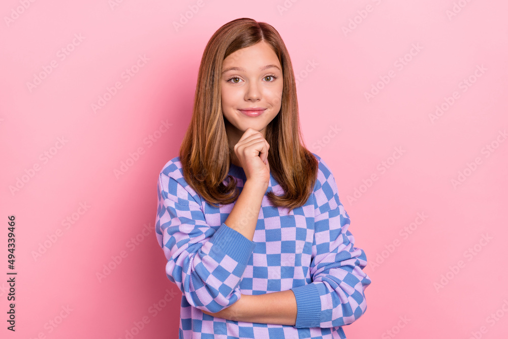 Poster Photo of blond thinking small girl hand face wear plaid sweater isolated on pink color background