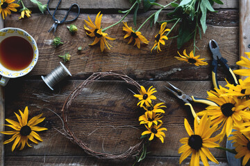 Overhead shot of wreath making with yellow flowers on rustic wooden table - obrazy, fototapety, plakaty