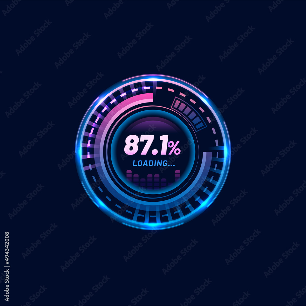 Leinwandbilder Speed meter loading bar, futuristic gauge dial or speedometer, vector neon LED digital dashboard. Load gauge with loading progress bar, auto technology counter with power performance percent