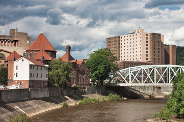 Old bridge over a canal surrounded by buildings in Johnstown, Pennsylvania
