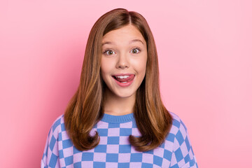 Photo of youth cheerful girl lick teeth delicious dessert oral care dentist isolated over pink color background