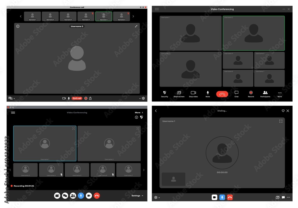 Poster Videocall interface screen vector template, web chat ui. Video call windows of online conference or webinar with buttons and user icons, computer or mobile phone app, remote communication