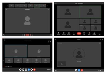 Videocall interface screen vector template, web chat ui. Video call windows of online conference or webinar with buttons and user icons, computer or mobile phone app, remote communication