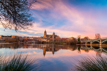 Fototapeta premium Salamanca Skyline view with Cathedral and Enrique Estevan Bridge on Tormes River, Spain