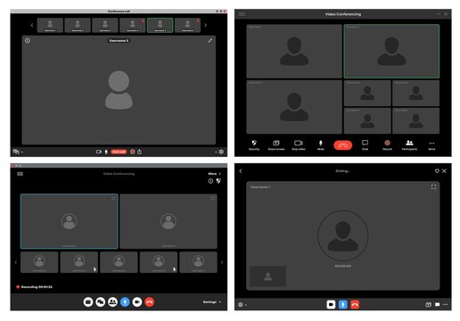 Videocall interface screen vector template, web chat ui. Video call windows of online conference or webinar with buttons and user icons, computer or mobile phone app, remote communication