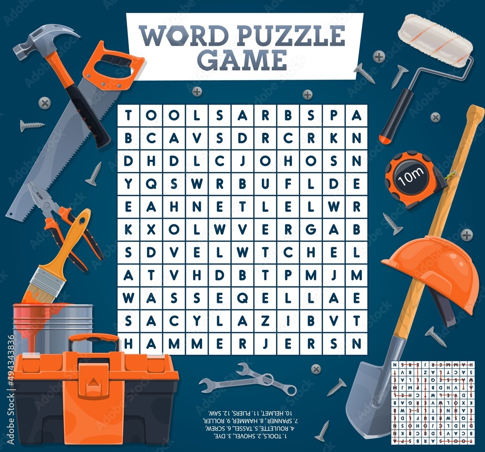 Wall mural diy tools on word search puzzle quiz game worksheet. kids quiz grid, educational game or child riddl