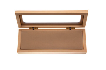 A small wooden box with a transparent glass lid. Luxury packaging for a gift. Isolate on a white back.
