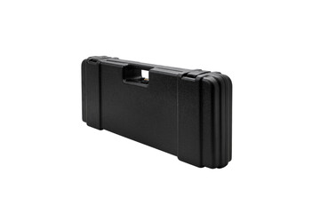 Black plastic case with foam inside. Weapon case isolate on white back.