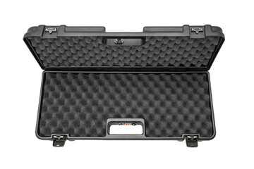 Open black plastic case with foam inside. Weapon case isolate on white background.