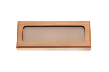 A small wooden box with a transparent glass lid. Luxury packaging for a gift. Isolate on a white back.