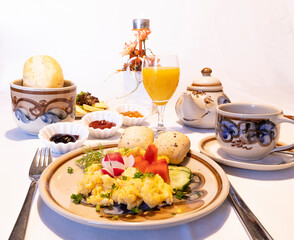 Breakfast set with coffee, egg, rolls and jam for menu in the restaurant, cafe or hotel white background Copy Space